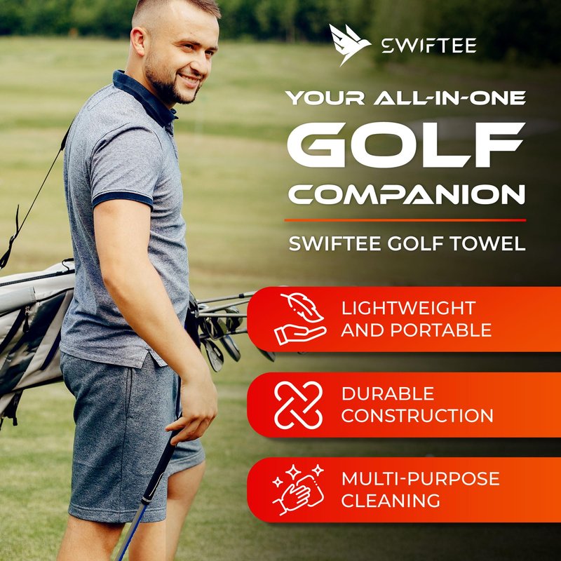SWIFTEE Ultimate 4-in-1 Premium Golf Towel with Built-in Brush, Magnet, Ball Marker & Carabiner - 760GSM Microfibre Waffle Towel with Inner Wet Dry Liner (Grey)