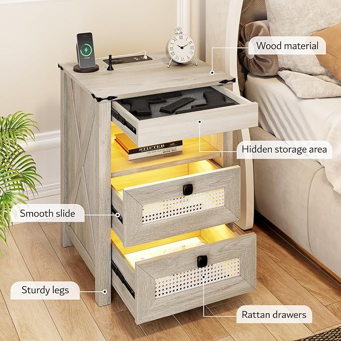 Grey Night Stand Set 2 with Gun Drawer, Bedside Table with Charging Station, LED Nightstand with Human Sensor Light, Farmhouse End Table for Bedroom Living Room