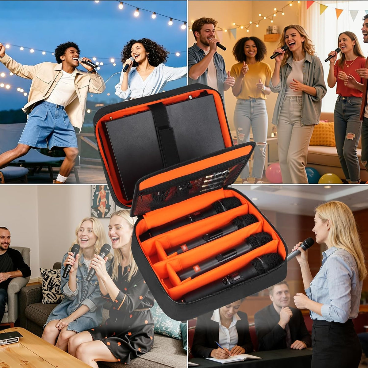 4-Slot Wireless Microphone Case, Storage Bag Compatible with JBL Partybox/Shure/TONOR Handheld Microphone System, Double Layer Wireless Mic Organizer for Receiver & Cables