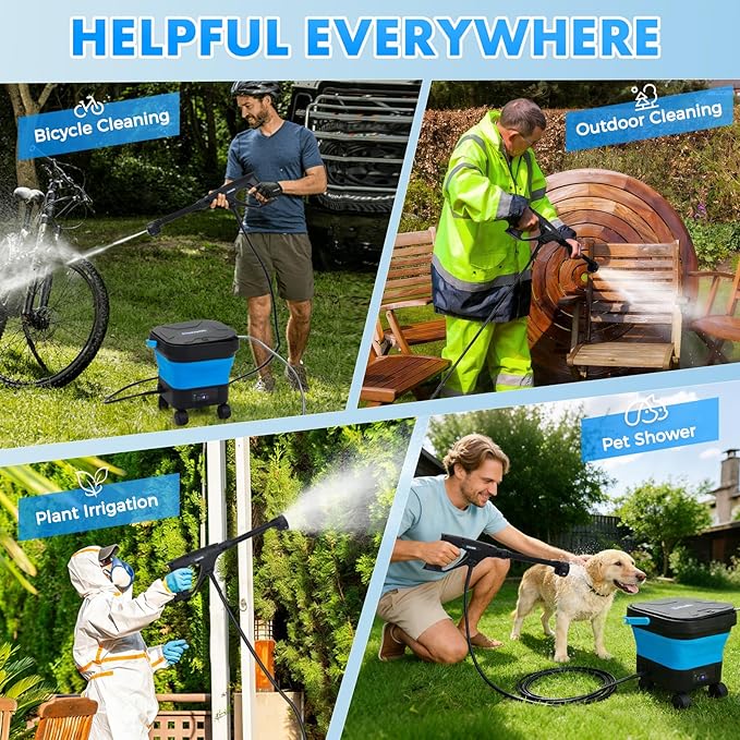 Portable Pressure Washer Cordless Battery Powered, 6-in-1 Nozzle Water Pressure Washer with 7 Adjustable Pressure Levels Max 1200 PSI, Electric Pressure Washer with 3.4 Gallon Tank