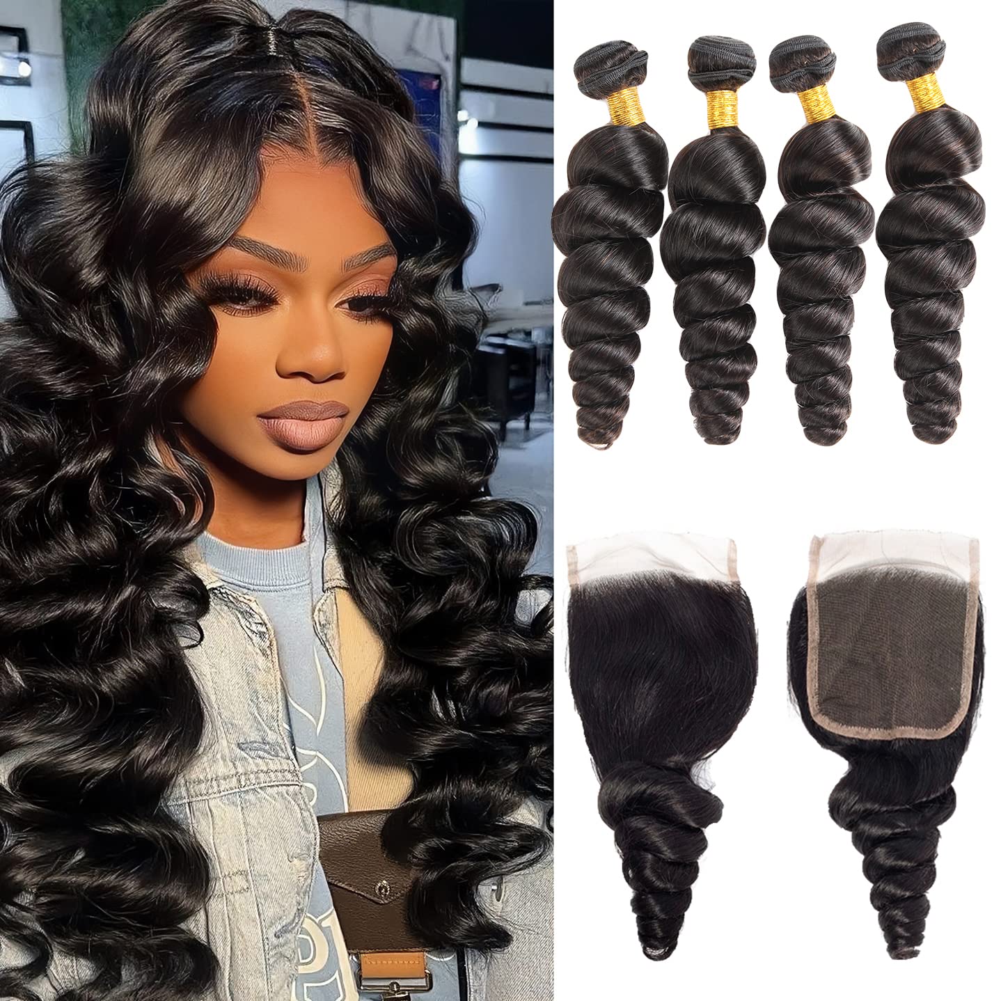 Loose Wave Bundles With 4X4 Lace Closure Free Part (24 26 28 30+20) Inch Loose Wave Human Hair Bundles Loose Wave 4 Bundles With