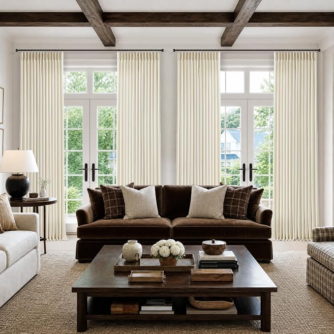Cream Beige Pinch Pleated Linen Curtains 120 Inch 4 Panels Set