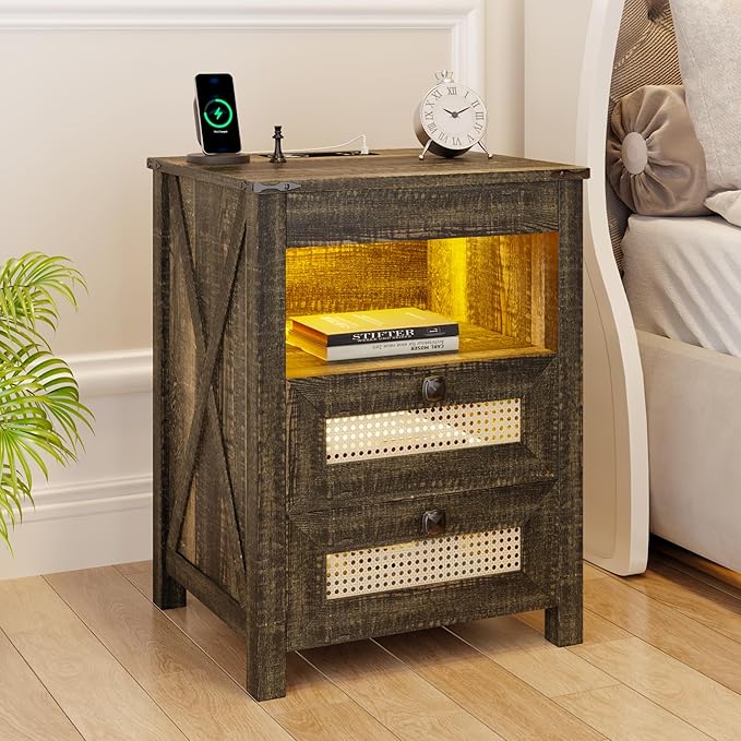 Night Stand with Gun Drawer, Bedside Table with Charging Station & LED Light, Gun Nightstand for Bedroom Living Room, Farmhouse End Table, Rustic