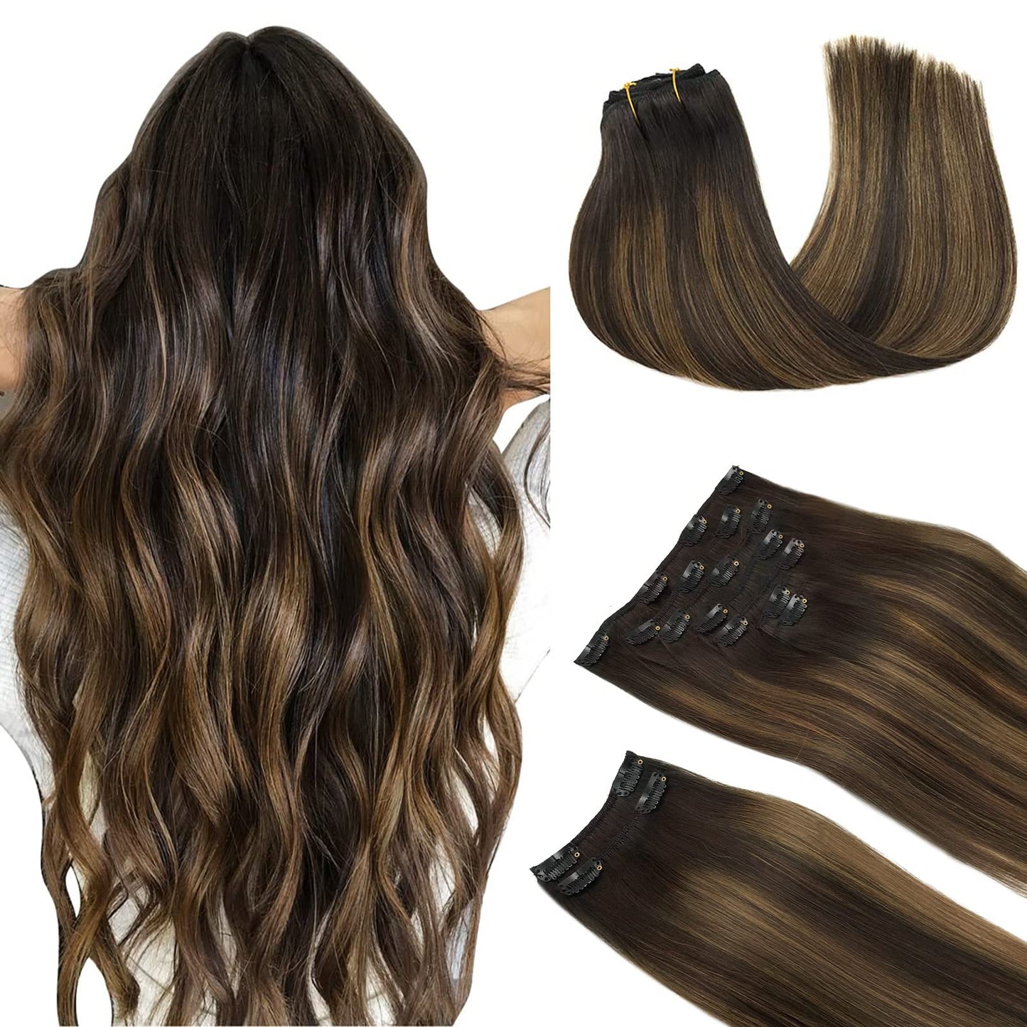 Doores Hair Extensions Real Human Hair, Balayage Dark Brown To Chestnut Brown 20 Inch 9Pcs 150G, Remy Hair Extensions Clip In Hu