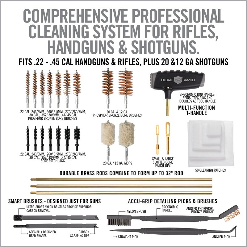 Real Avid Master Cleaning Station - Universal Gun Cleaning Kit Includes Gun Mat 43x16" Bore Brushes, Jags, Gun Cleaning Patches, Rods, Mops, Picks