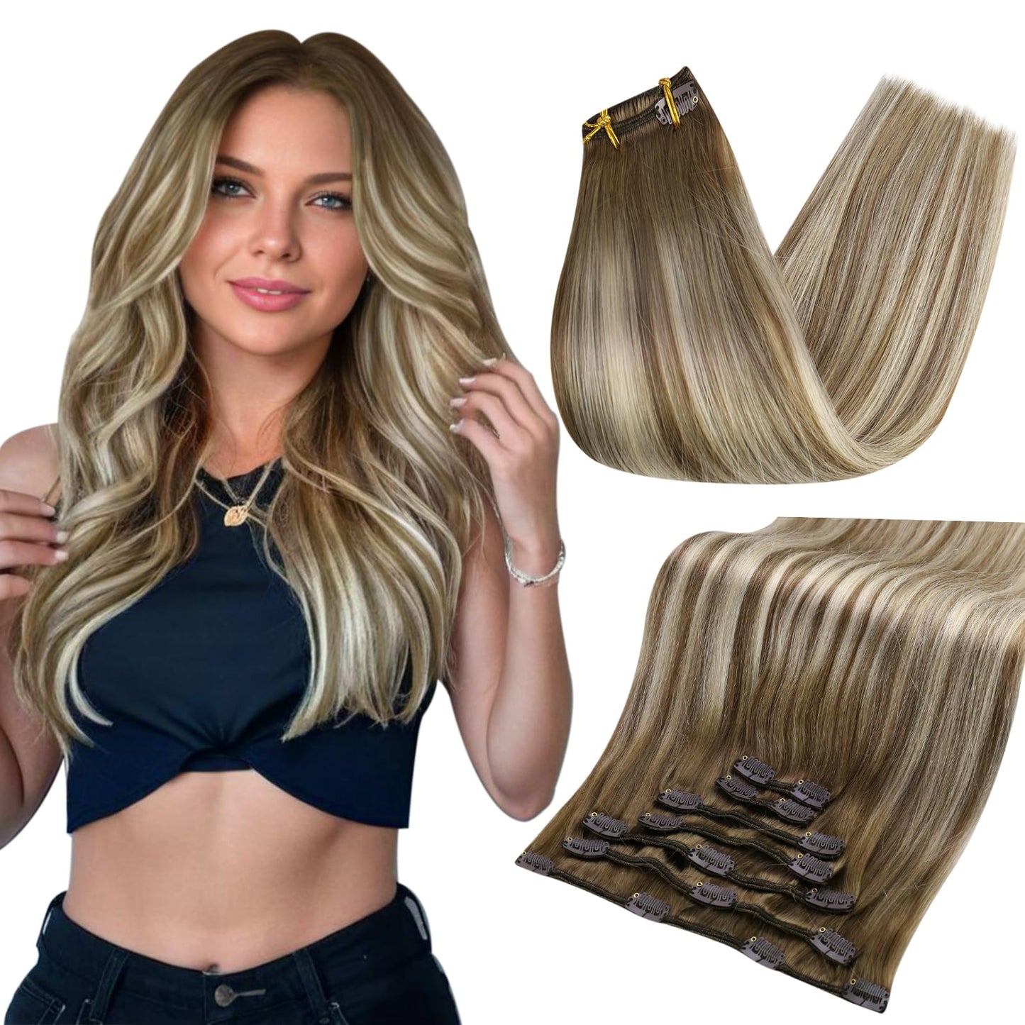 Full Shine 24 Inch Hair Extensions Balayage Clip In Human Hair Extensions Light Brown Ombre Brown With Platinum Blonde Clip In R
