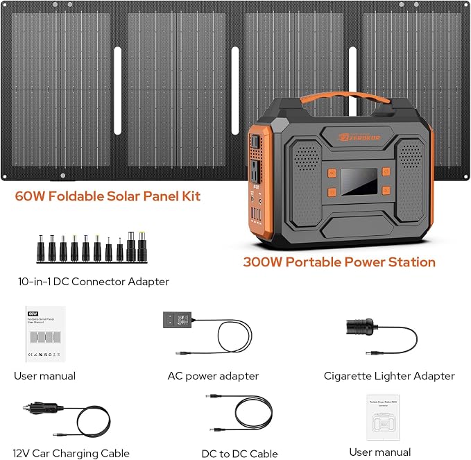 Portable Solar Generator, 300W Portable Power Station with Foldable 60W Solar Panel,110V Pure Sine Wave 280Wh Battery Power Pack with USB DC AC Outlet for Camping Smart Devices RV Van Outdoor-Orange