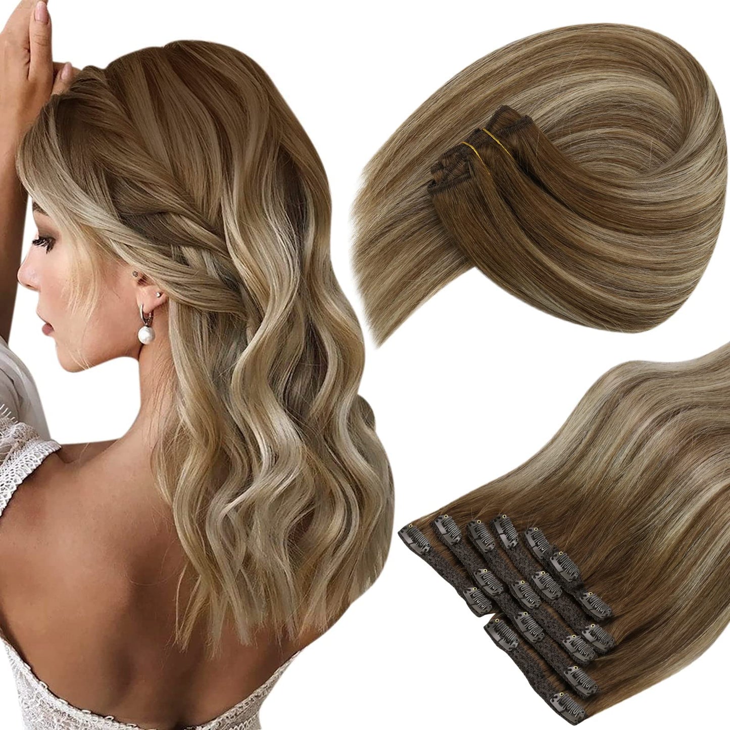 Sunny Clip In Hair Extensions Balayage Chestnut Brown Ombre Platinum Blonde Real Human Hair Extensions Clip Ins Brown Clip Exten