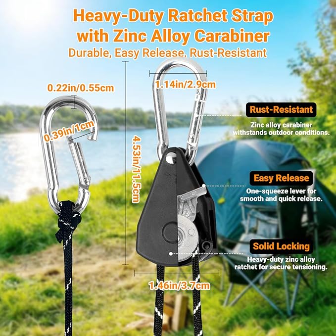 Rope Ratchet 1/4 inch Longer 13ft Paracord Rope Tie Down Ratchet Strap Reflective Portable Adjustable Camping Rope Tent Tarp Tie Downs Plant Light Hangers Pulley Tightener Tensioner 2 Pack