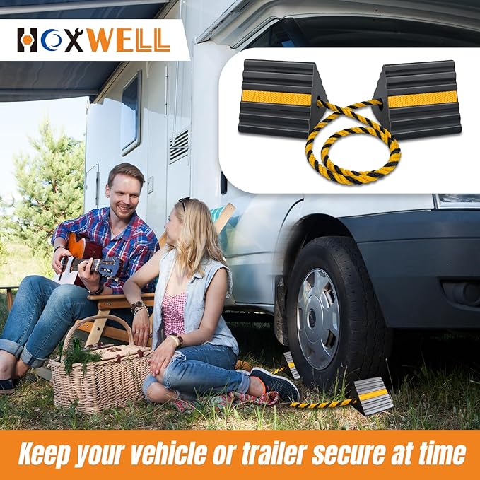 HOXWELL Rubber Wheel Chocks for RV Trailer Camper Truck Car Aircraft Boat, Versatile Rubber Chocks Block Stopper for Tire with Reflective Strips, Utility Trailer Camper RV Accessories
