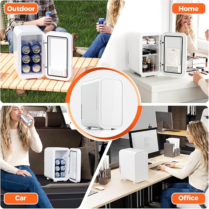 OSTBA Mini Fridge for Skincare, 6 Liter/8 Can 110V AC/ 12V DC Portable Thermoelectric Cooler Refrigerators for Bedroom, Skincare, Beverage, Office, Dorm Room and Car, White