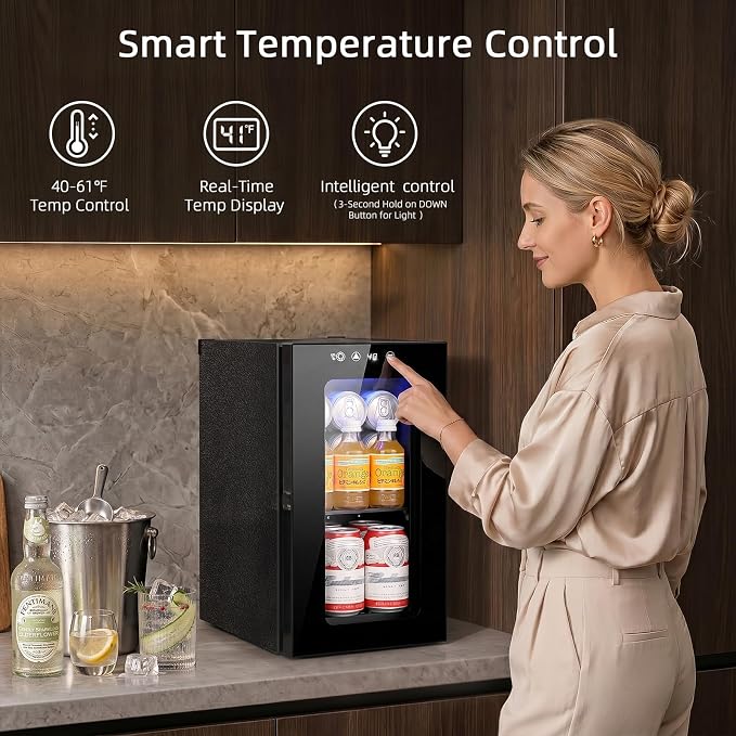 Antarctic Star Beverage Refrigerator, 10L Portable mini fridge with Electronic Temperature Control, 40-61°F Glass Door, Small Drink Fridge for Bedroom, Dorm, Office, Bar & Kitchen