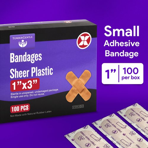 Adhesive Bandage - Box of 100 1" Flexible Sheer Plastic Bandages for Cuts, Scrapes, Burns - Latex Free, Sterile Small Bandages