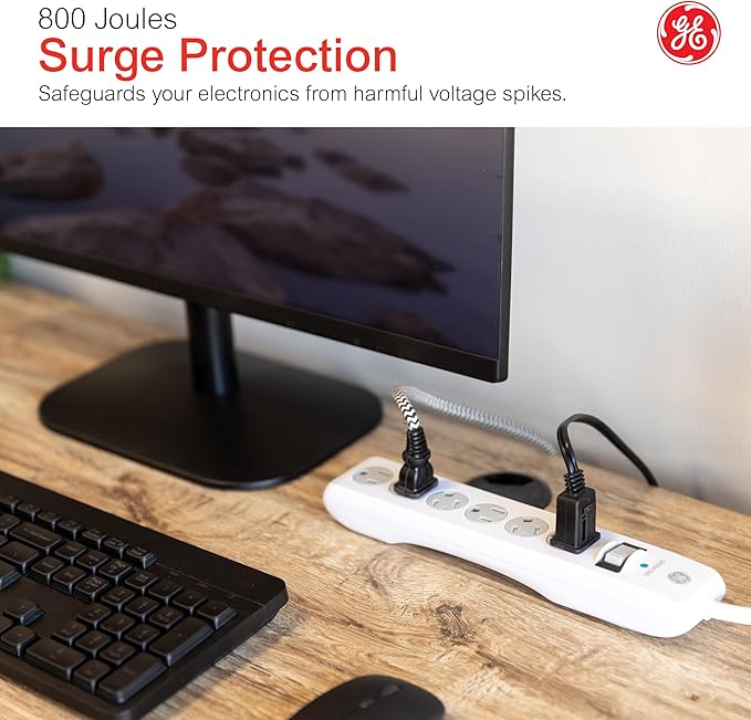 GE Surge Protector Power Strip, 4 Ft Extension Cord, 6 Outlet Extender, 800 Joules, Flat Plug, Twist-to-Close Safety Covers, ETL Listed, White, 33658