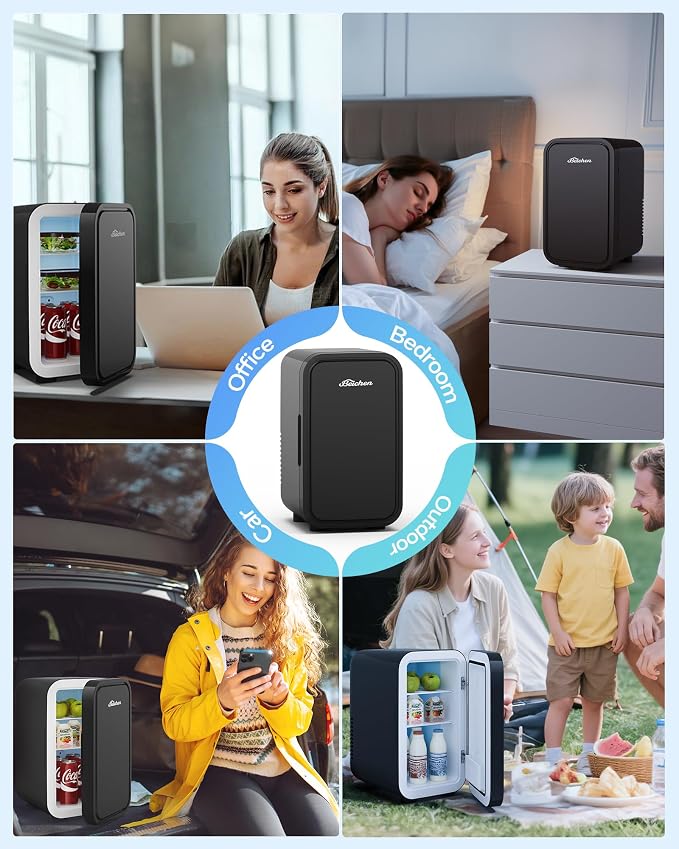 BEICHEN Mini Fridge,6 Liter / 8 Can Small Fridge for Bedroom, Car, Office | Cooler & Warmer for Food, Drinks, Skincare,Energy Saving, Low Noise,110V Ac/12V Dc,Compact & Portable,BLACK 