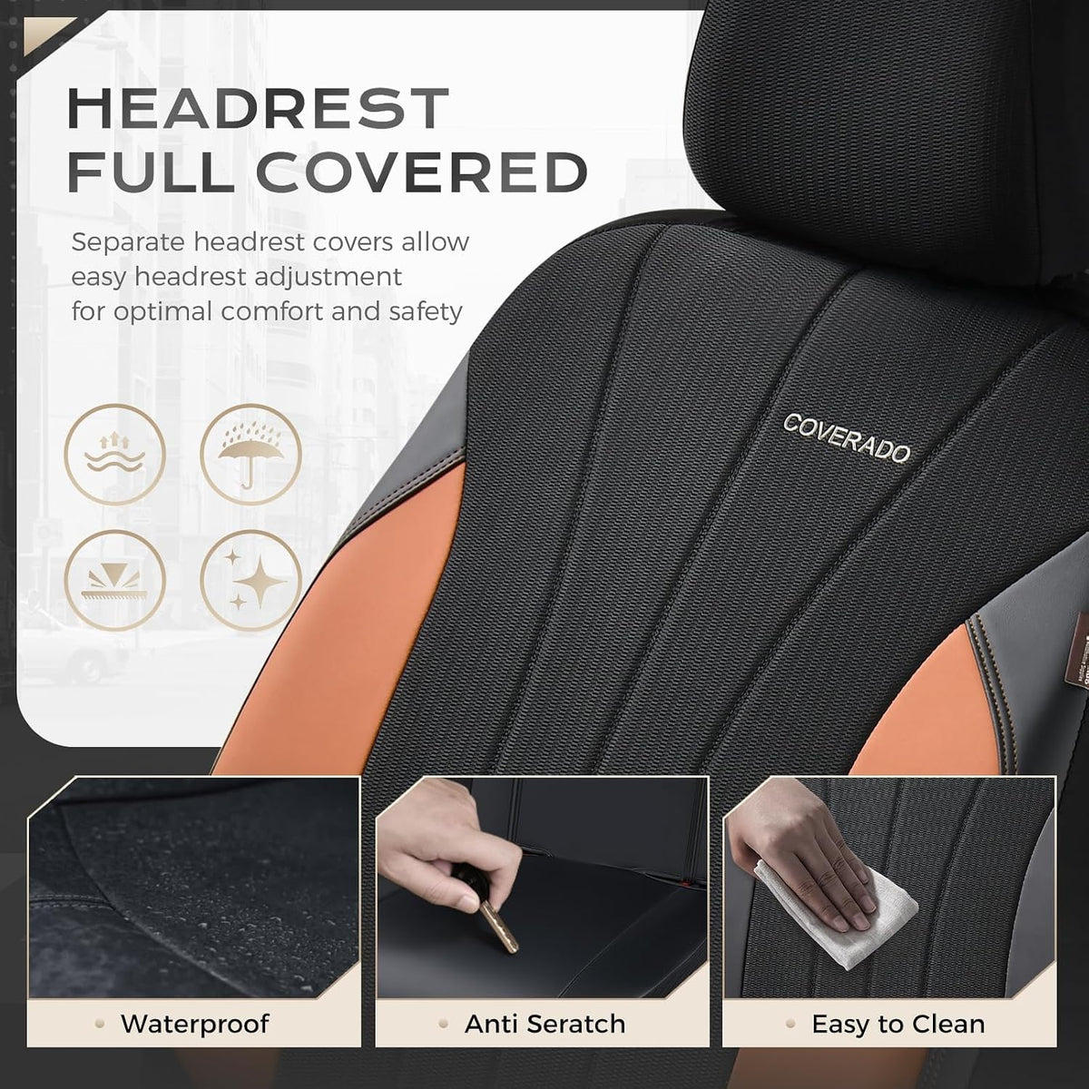 Coverado Seat Covers for Car, Leather Automotive Car Seat Covers 5 Seats, Mesh Breathable Auto Seat Protectors, Brown Seat Covers Universal Fit for SUV, Truck, Vans, Sedan