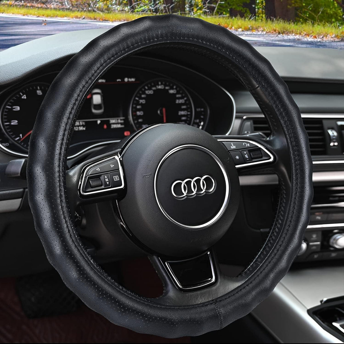 Haokay Heavy Duty Pure Cowhide Steering Wheel Cover, Genuine Leather Steering Cover with 15 Inches Universal Fit