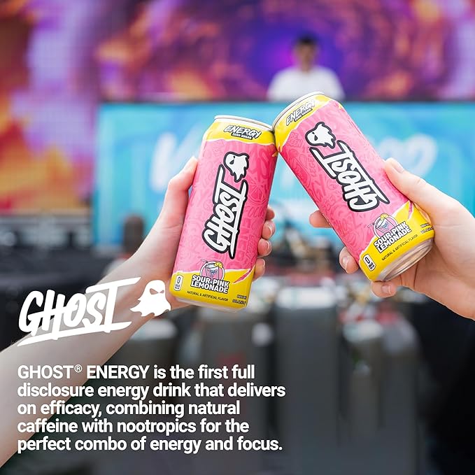 GHOST Energy Drink - 12-Pack, Sour Pink Lemonade, 16oz Cans - Energy & Focus & No Artificial Colors - 200mg of Natural Caffeine, L-Carnitine & Taurine - Gluten-Free & Vegan