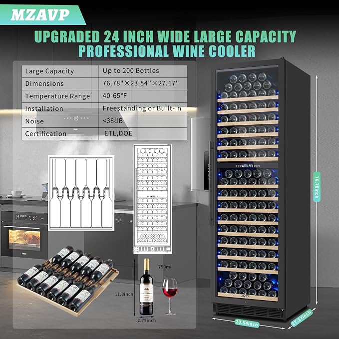 200 Bottle Dual Zone Wine Fridge, 24 Inch Large Wine Cooler Refrigerator Built-In or Freestanding, Tall Wine Cooler with Upgraded Compressor, Temperature Memory, Low Noise and Fast Cooling