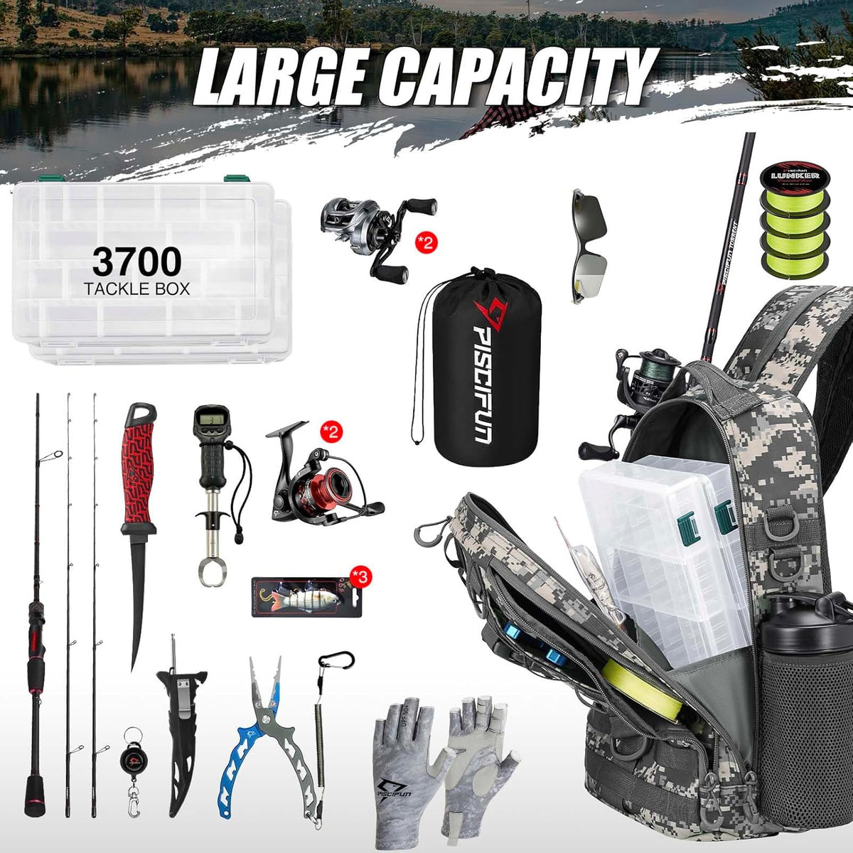 Piscifun Fishing Backpack - Lightweight Sling Bag with Rod Holder for Gear Storage