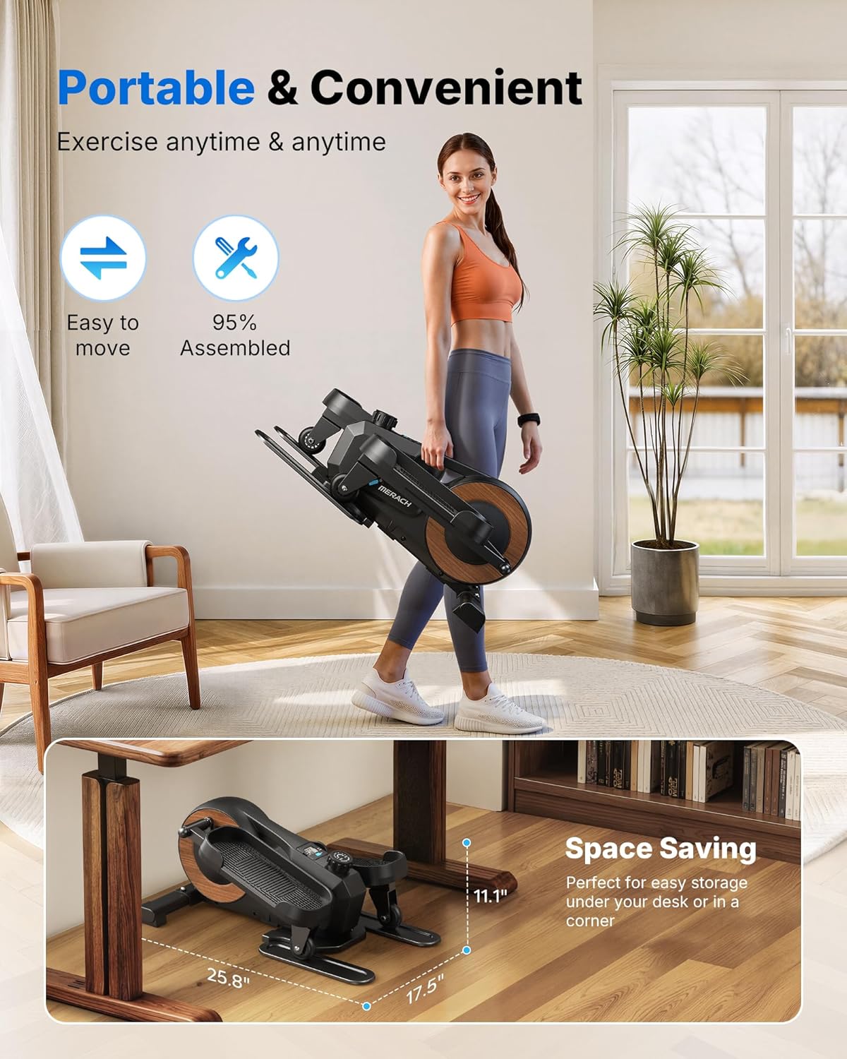 Skiennix Under Desk Elliptical Machine - Quiet Seated Pedal Exerciser with 8 Resistance Levels | Portable Fitness for Seniors