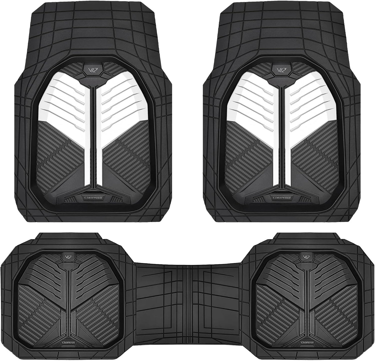 CAR PASS Heavy Duty Rubber Car Mats, Deep Dish Car Floor Mats All Weather, Car Mats Full Set 4-Piece Trim to Fit for Sedans SUVs Trucks, Waterproof Anti-Slip Automotive Mats, V12 Black Champagne Gold