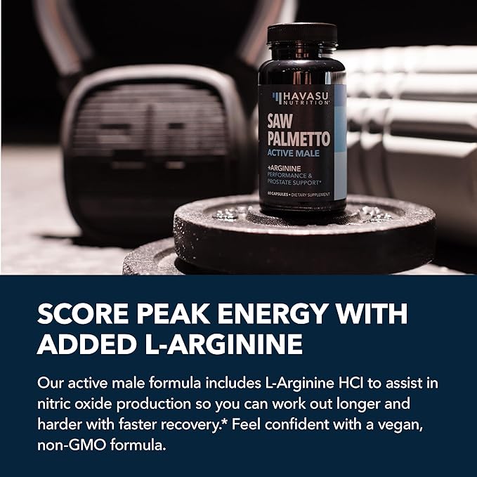 Saw Palmetto 500mg and L-Arginine 500 mg - Prostate Health and Nitric Oxide Supplements for Men - 60 Count - Urinary Function Support and Endurance for Active Males - Vegan, Non-GMO, 1 Month Supply