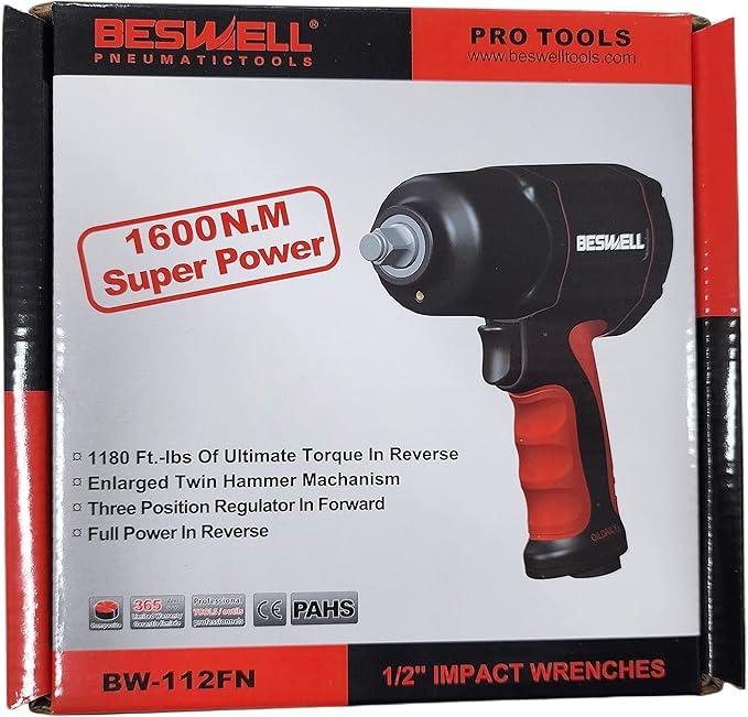 BESWELL® 1/2-Inch Air Impact Wrench with Up to 1180 Foot-Pounds of Real Max Loosen Power-BW-112FN1