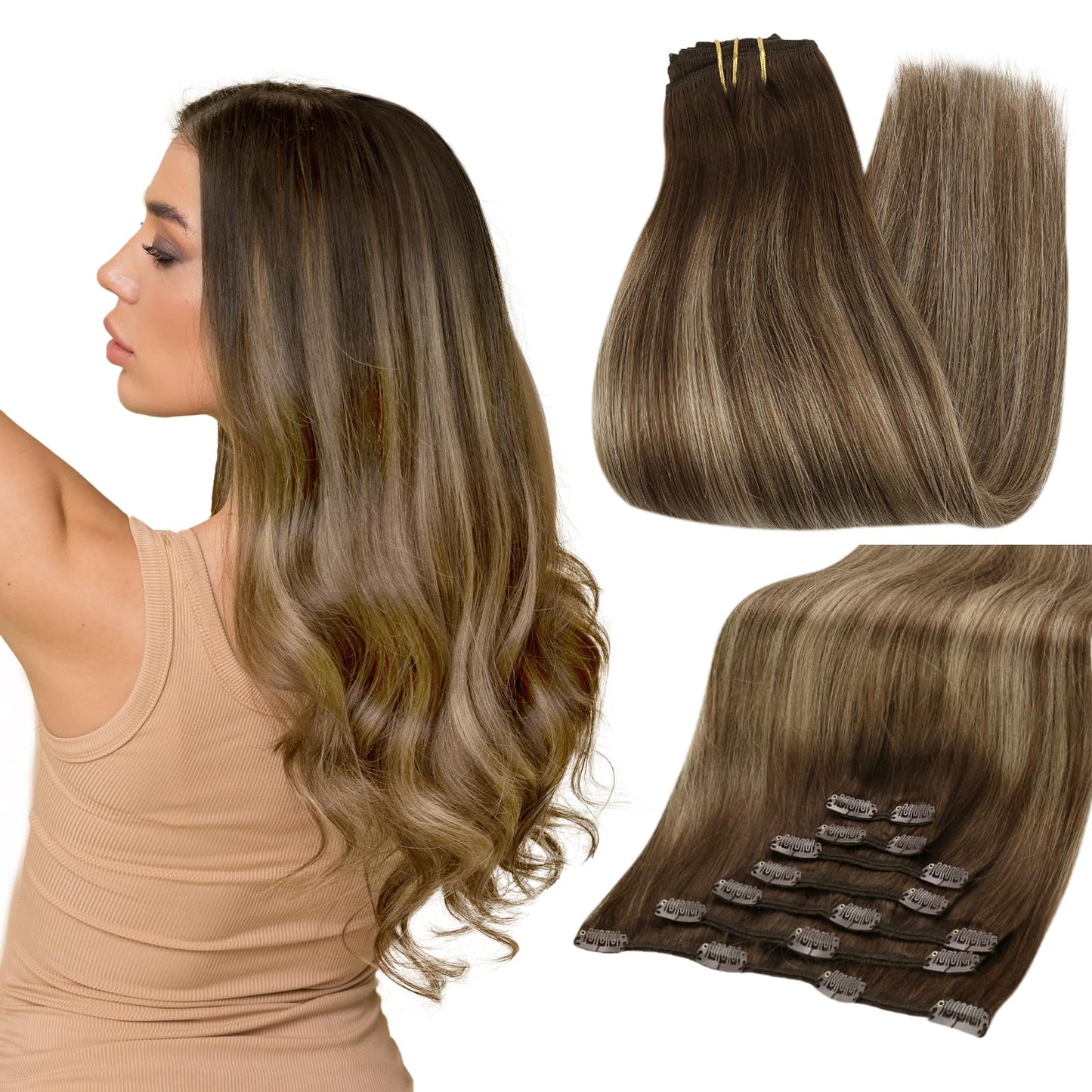 Full Shine Human Hair Clip In Extensions Brown Hair Extensions Clip In Human Hair 18 Inch Brown Ombre Brown Mix Honey Blonde For
