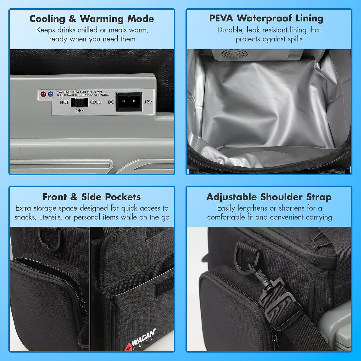 Wagan EL6234 14L Electric Cooler Warmer Bag 14 Liter Capacity Portable Thermoelectric Car Cooler with 12V DC, Soft-Sided Travel Cooler Warmer for Car, Truck, RV and Camping Use