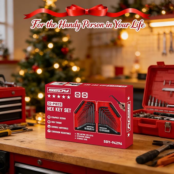 SEDY 32-Piece Hex Key Wrench Set, Metric and SAE Allen Wrenches (0.028-3/8 inch, 0.7-10 mm) L Shape Allen Keys, Chrome Vanadium Steelwith 2x Extension Handle