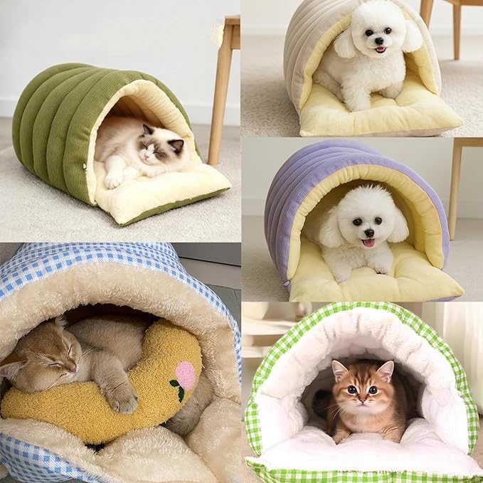Expectation Cat Bed, Removable and Washable Winter Closed-Off Cat Bed, Soft Fluffy Warm Autumn/Winter Cats House, Washable Non-Slip Pet Sleeping Bag for Indoor Cats Small Dogs (F,Medium)