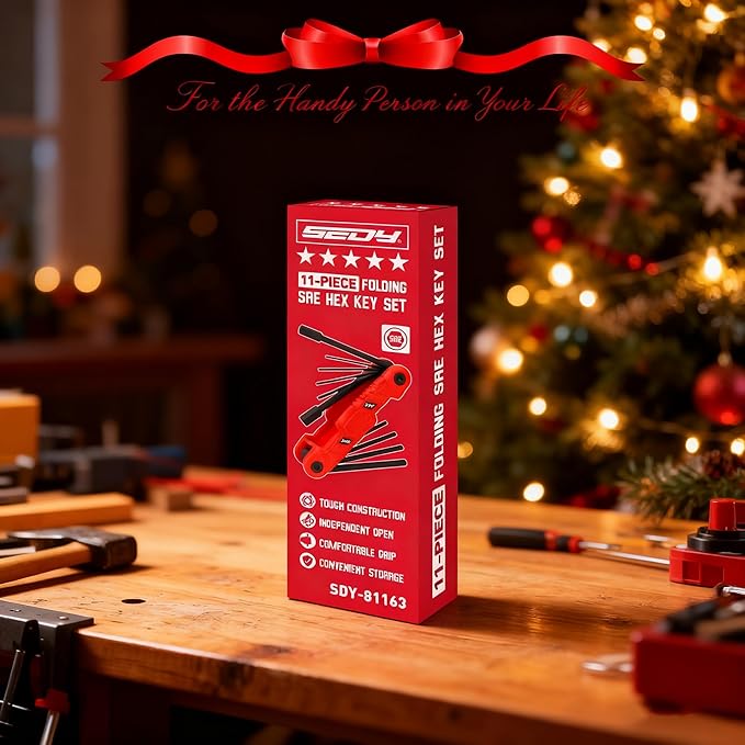 11-Piece Large Folding Hex Key Set SAE (3/32"-1/2"), Heavy Duty Allen Wrench Set, Portable Tool for Archery, Bike Repair, Furniture, and Basic Home Maintenance (Red)