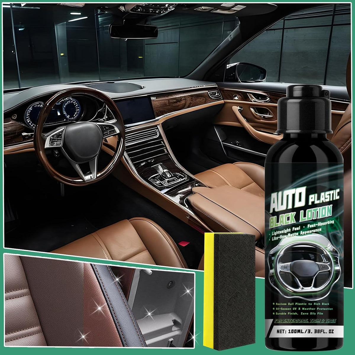 Car Leather Cleaner 100ml Long-Lasting All Purpose Agent with Sponge | Car Fabric Cleaner for Vehicle Truck Convertible Garage Home Underseat Roof Ceiling Dashboard Components