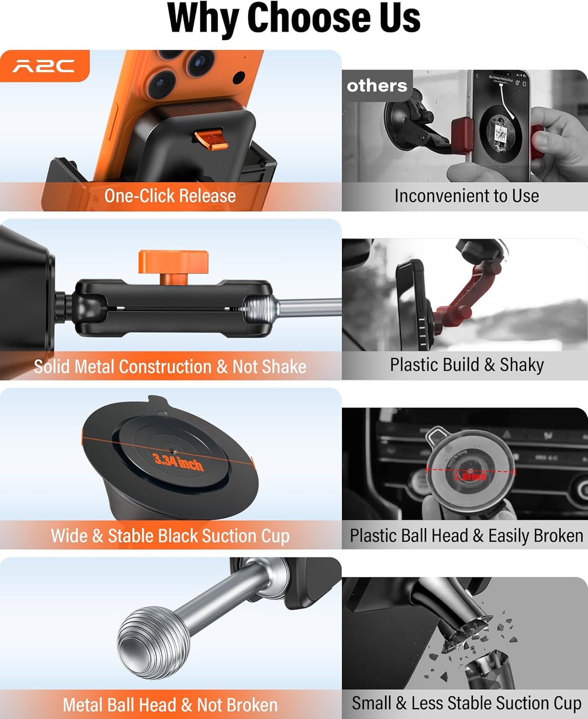 A2C 8" Adjustable Metal Arm Windshield Phone Mount, Suction Phone Holder