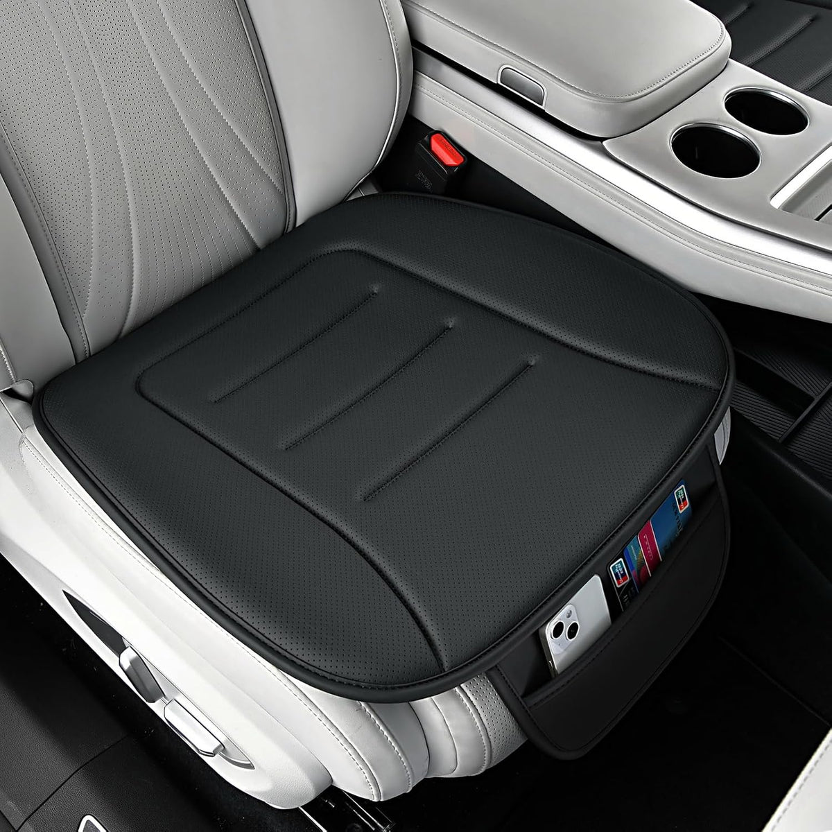 KAYI Car Seat Cushion, Comfort Memory Foam Car Cushions for Driving, Breathable Leather Surface with Anti Slip Rubber Bottom, Seat Cushion for Car and Office Chair (1 Pack, Beige)