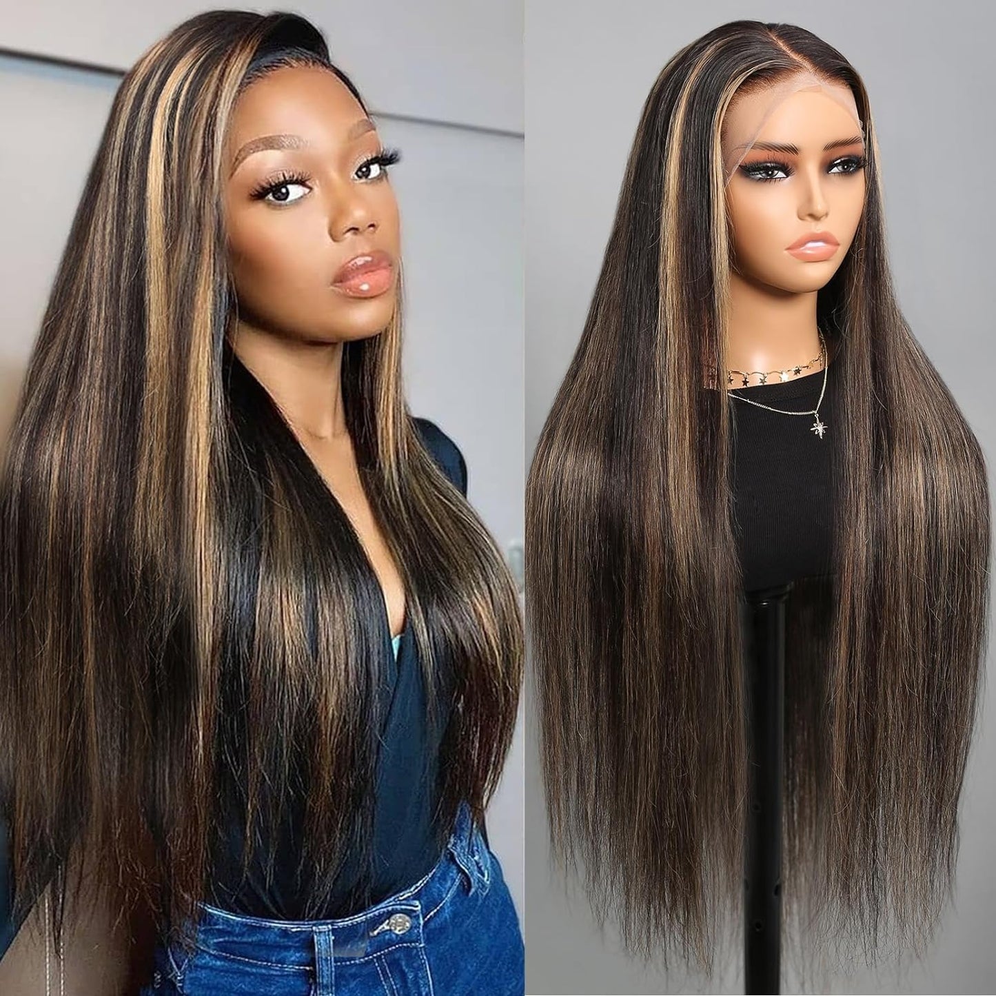 Superlook Real Bleached Knots Highlight Lace Front Wigs Human Hair 220% Density Balayage Glueless Wigs Human Hair 26 Inch 13X4 O
