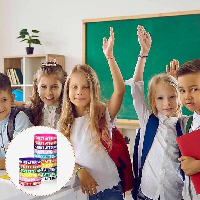 100 Pcs Perfect Attendance Silicone Wristbands 10 Assorted Color Reward Rubber