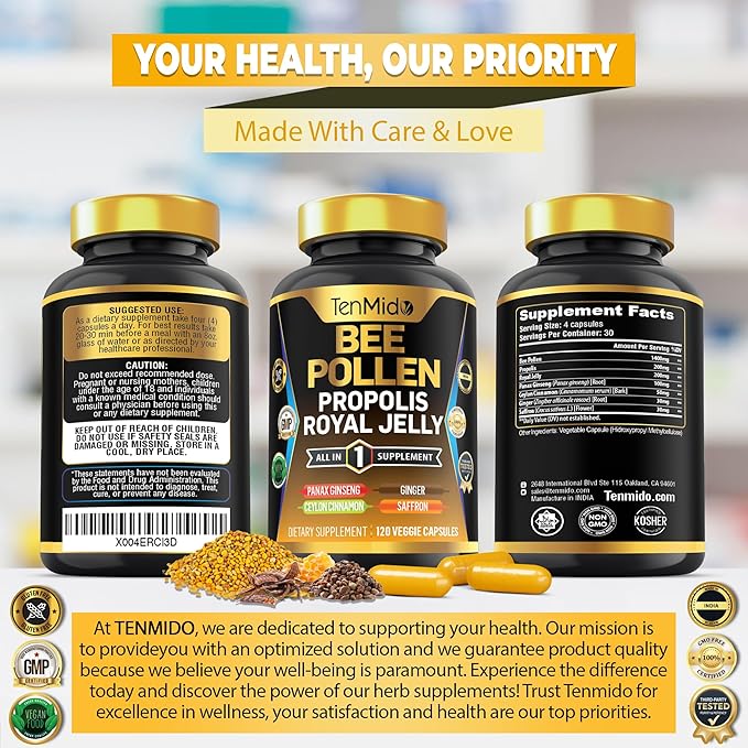 Organic Bee Pollen Supplement - 7in1 Formula - Combine with Propolis, Royal Jelly, Panax Ginseng, Ceylon Cinnamon, Ginger, and Saffron - Digestive Health, Immune Support - 120 Capsules