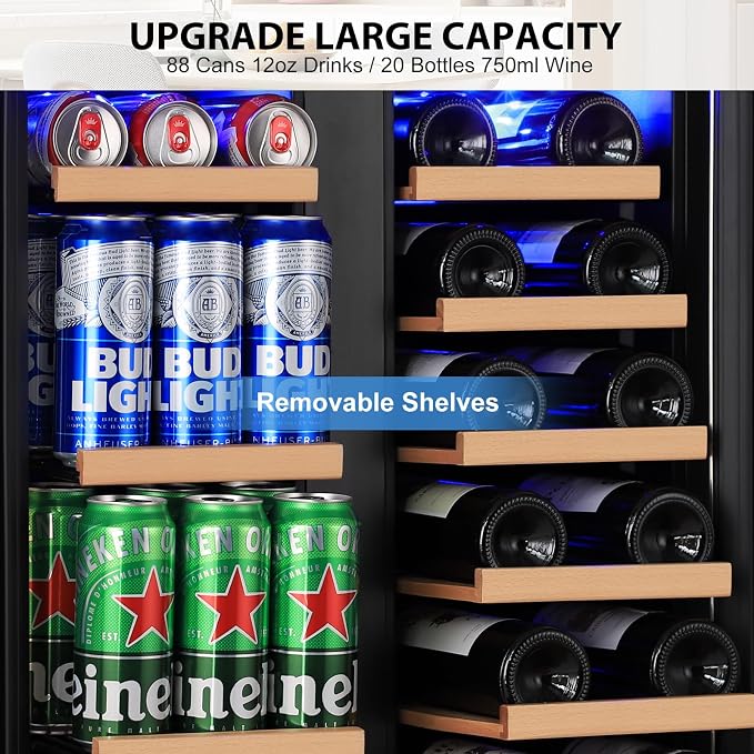 24 Inch Dual Zone Wine and Beverage Refrigerator, Built-in or Freestanding Cooler with French Doors, Under Counter Drink Fridge with Upgraded Compressor for Beer, Wine, and Soda