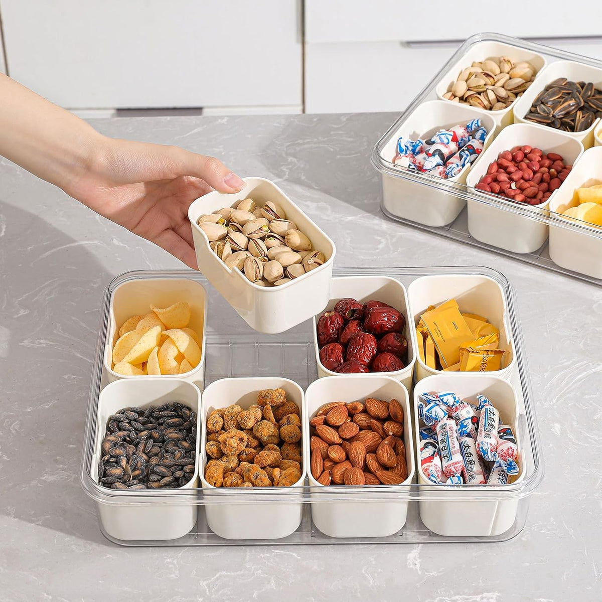 shopwithgreen 2Pcs Divided Serving Tray with Lid and Handle, Portable Snackle Box Snack Containers for Charcuterie, Party, Veggies, Snack, Fruit, Nuts, Candy, Chip, Entertaining, Picnic