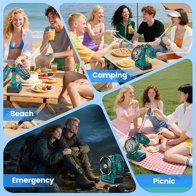 Dual Head Portable Rechargeable Fan 20000mAh Battery Powered Fan Camping Cordless with 360° Air Delivery, LED Lantern & Remote, Auto Oscillation, Battery Operated for Tent Office Travel Picnic Jobsite