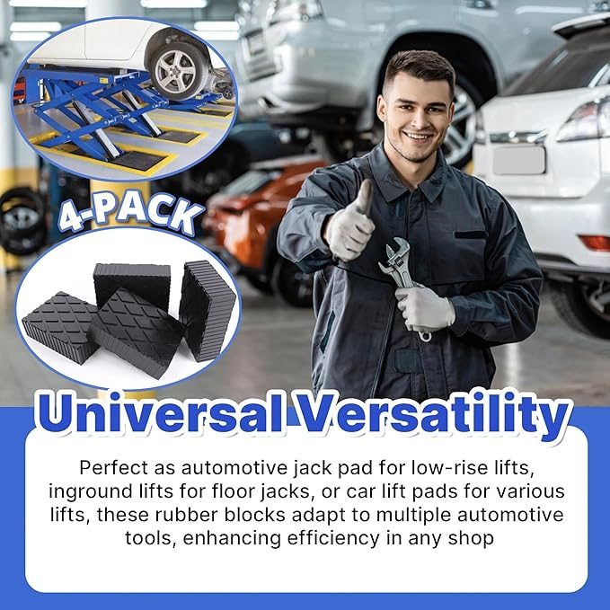 4 Pack 6-3/8" x 4-3/4" x 2" Solid Rubber Auto Lift Block Pads, Heavy-Duty Rubber Blocks for Car Lift Pads, Lift Blocks, Camper Stabilizer Jack Pads-Anti-Slip Texture,3000lb Capacity