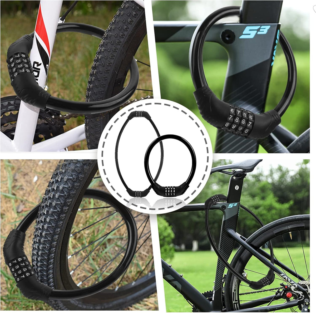 Skiennix Heavy-Duty Bike Lock Cable - Anti-Theft Combination Lock for Outdoor Equipment | Black (2 Pack, 1 Ft)