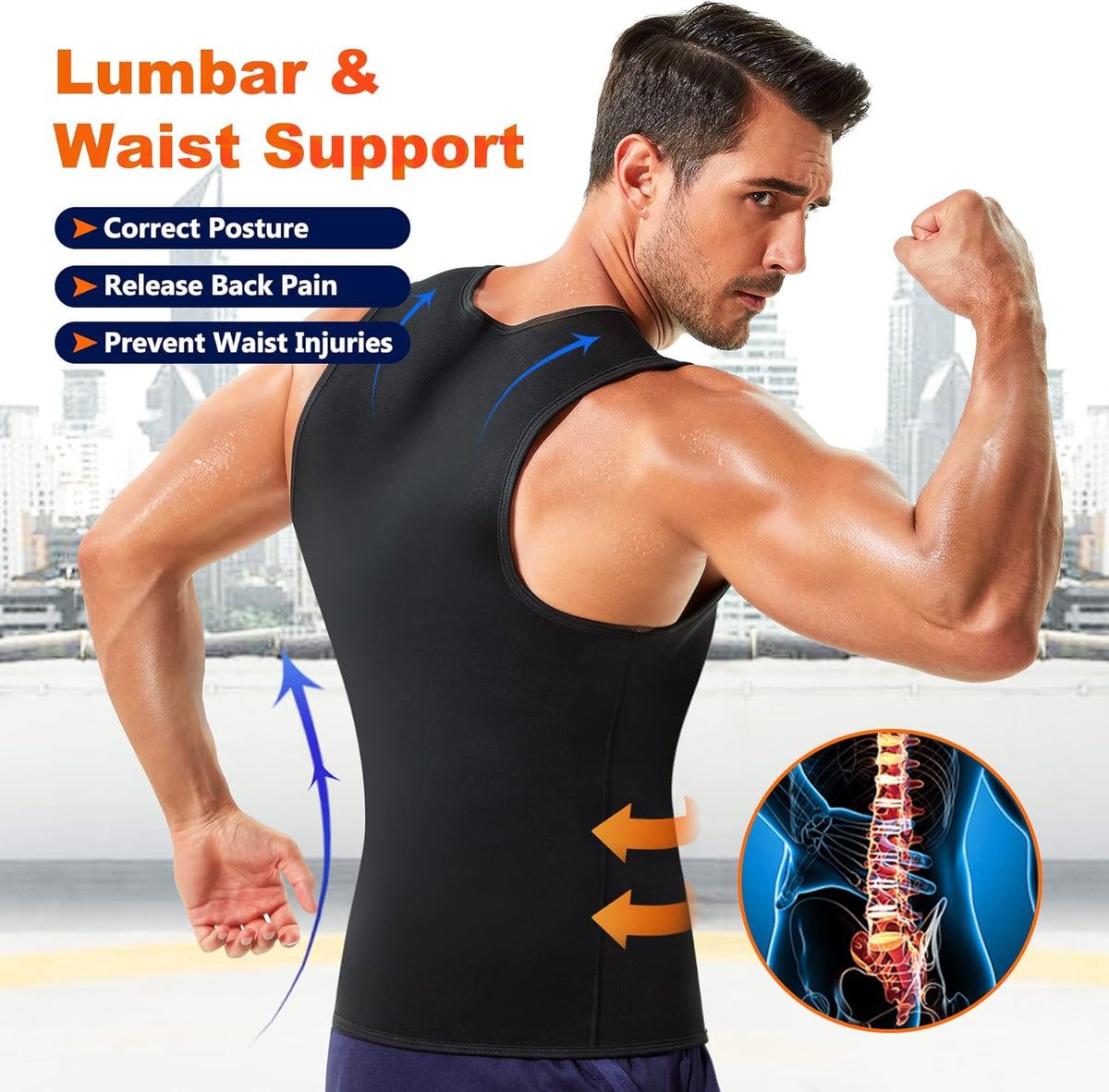 Wonderience Men’s Waist Trainer Vest - Hot Neoprene Sauna Suit Corset Body Shaper | Zipper Tank Top