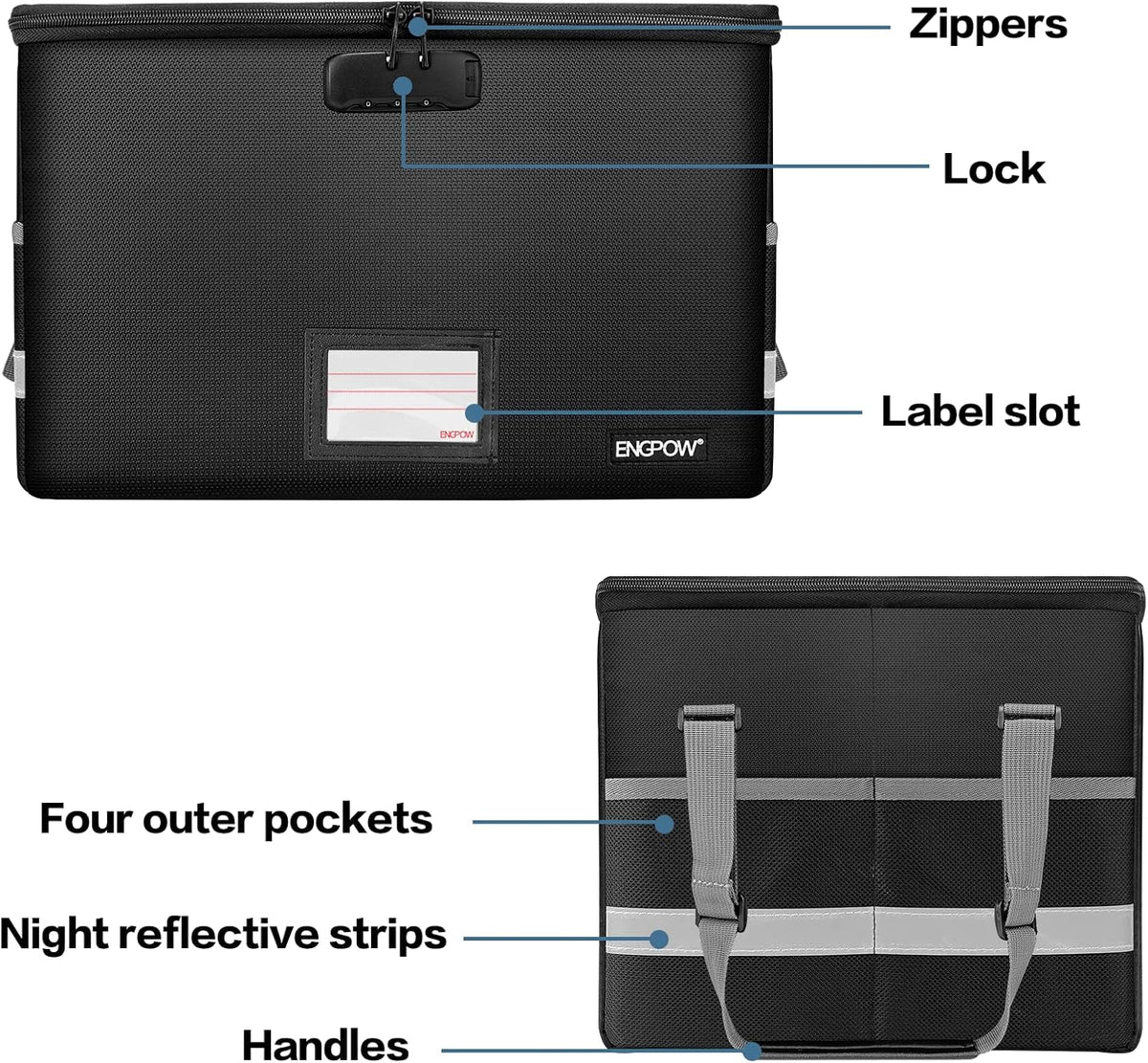 ENGPOW File Box with Lock,Fireproof Document Box with Zipper&Pockets,Collapsible File Organizer Filing Storage Cabinet with Handle,Portable Home Office Safe for Hanging Letter/Legal Folder,Black
