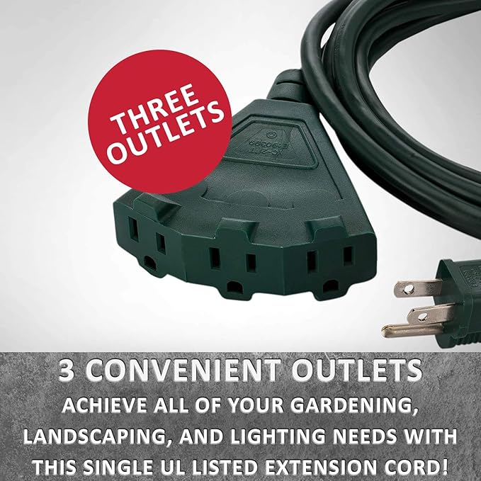 Holiday Lighting Outlet 25-Foot Green Extension Cord, 3-Prong Indoor & Outdoor Splitter, Perfect for Landscape Lighting