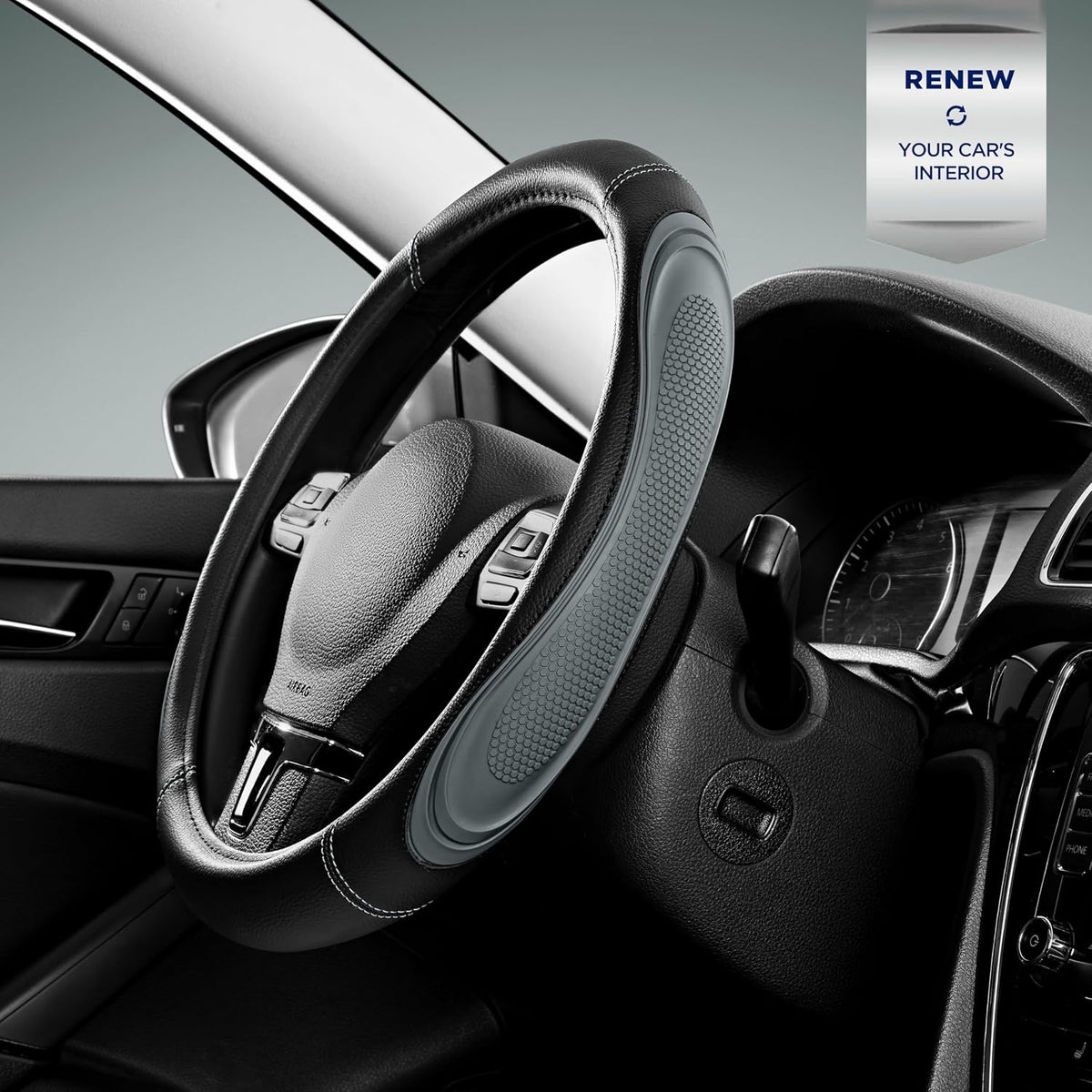 Road Comforts Car Steering Wheel Cover - Microfiber Leather Steering Wheel Wrap Sports 14.5-15 Inch Steering Wheel Cover Non-Slip for Men Women Grey Color
