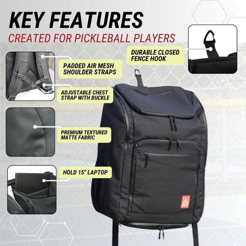 Generic Pickleball Bag - Large Backpack Fits: 4+ Paddles, 2 Water Bottles, Laptop, Shoe Compartment, Fence Hook, Black