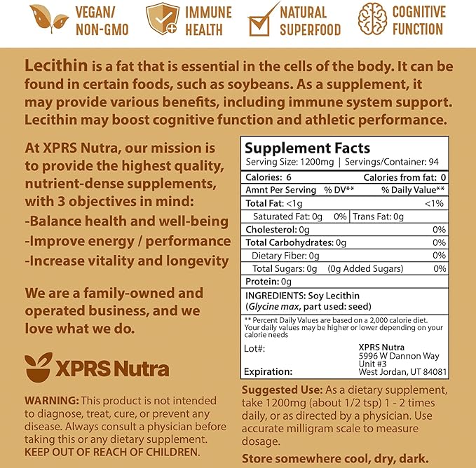 XPRS Nutra Soy Lecithin Powder Food Grade Fat Emulsifier - Suitable for Cooking, Baking and More - Vegan Friendly Soy Lecithin Powder Cooking Aid (4 Ounce)